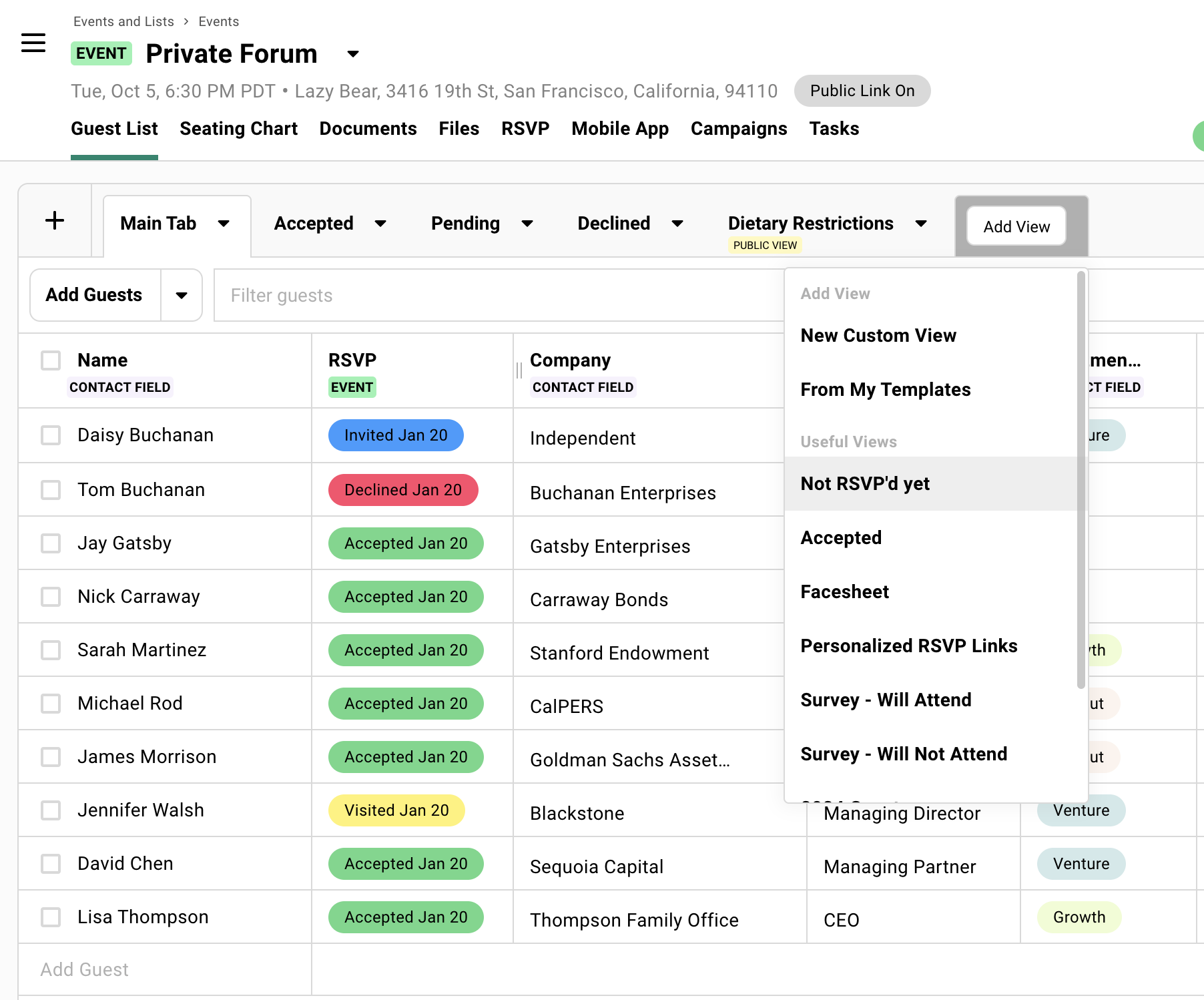 Add View option on the guest list showing different guest list view templates.